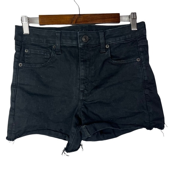 American Eagle AEO Black Distressed Roll Hem High Rise Jean Shortie 8 - Picture 2 of 4
